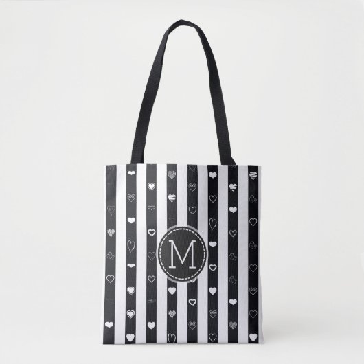 Monogram Schwarz-weiß Stripes Modernes Herzmuster Tasche (Vorderseite)