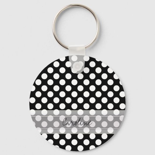Monogram Schwarz-weiß Trendy Fun Polka Dot Muster Schlüsselanhänger (Vorderseite)
