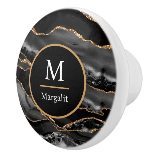Monogram Schwarz-weiß und Gold Imitate Marmorgate Keramikknauf (Rechts)