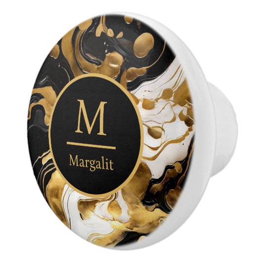 Monogram Schwarz-weiß und Gold Imitats Marmor Keramikknauf (Rechts)