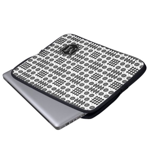 Monogram Schwarz-weiße Imitate Welsh TapestPattern Laptopschutzhülle (Vorne Knopf)