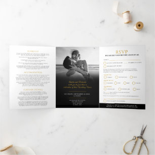 Monogram schwarze Goldblatt Hochzeitsmenü Option R Dreifach Gefaltete Einladung