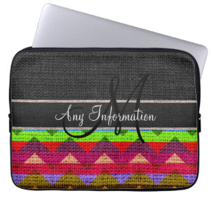 Monogram Schwarzes Chevron-Zickzack-Burlap-Jute Laptopschutzhülle