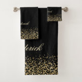 Monogram Script Black Gold Leopard Print Glitzer Badhandtuch Set (Insitu)
