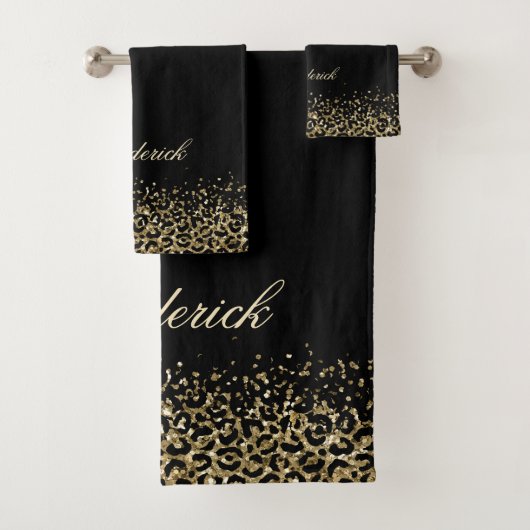 Monogram Script Black Gold Leopard Print Glitzer Badhandtuch Set (Insitu)