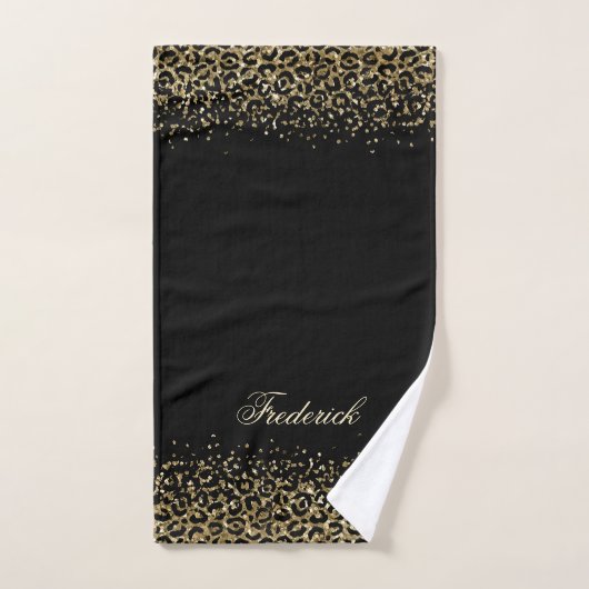 Monogram Script Black Gold Leopard Print Glitzer Badhandtuch Set (Handtuch)