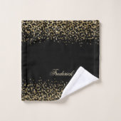 Monogram Script Black Gold Leopard Print Glitzer Badhandtuch Set (Waschlappen)