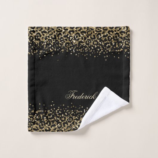 Monogram Script Black Gold Leopard Print Glitzer Badhandtuch Set (Waschlappen)