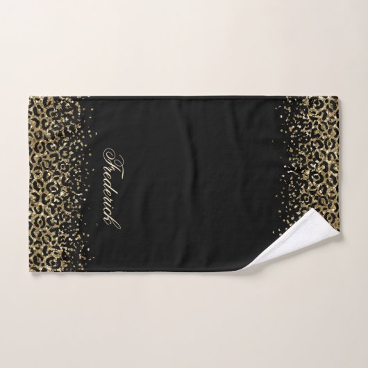 Monogram Script Black Gold Leopard Print Glitzer Badhandtuch Set (Handtuch)