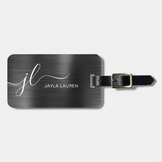 Monogram Script Black Gray Imitats Metal Steel Gepäckanhänger (Vorderseite horizontal)