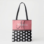Monogram Script Black Pink White Polka Dots Tasche (Vorderseite)
