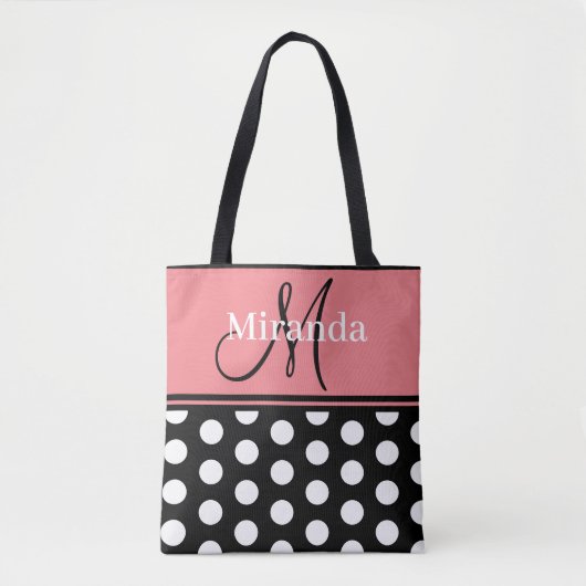 Monogram Script Black Pink White Polka Dots Tasche (Vorderseite)