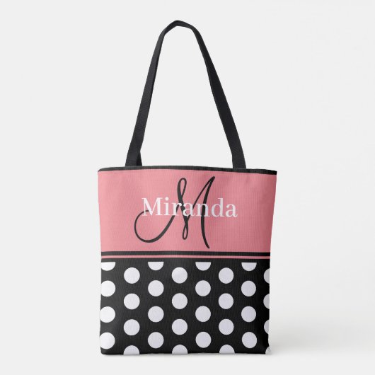 Monogram Script Black Pink White Polka Dots Tasche (Rückseite)