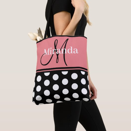 Monogram Script Black Pink White Polka Dots Tasche (Von Nahem)
