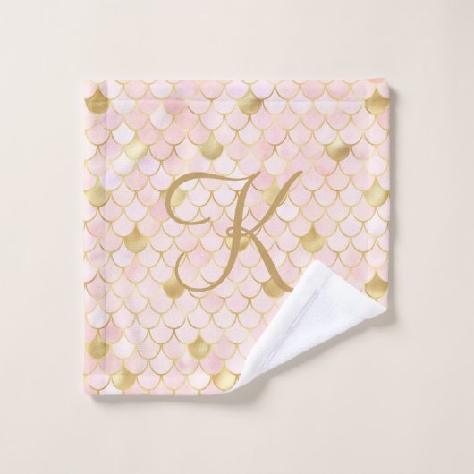 Monogram Script Blush Pink Gold Mermaid Scales Badhandtuch Set (Waschlappen)