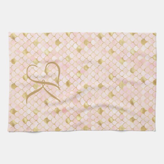 Monogram Script Blush Pink Gold Mermaid Scales Geschirrtuch (Horizontal)