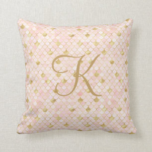 Monogram Script Blush Pink Gold Mermaid Scales Kissen