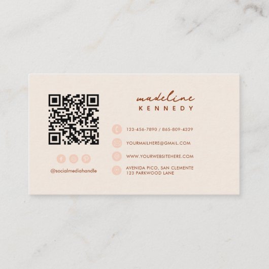Monogram Script Boho Beige QR-Code Visitenkarte (Rückseite)
