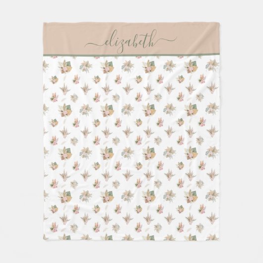 Monogram Script Boho Pampas Grass Pink Beige Green Fleecedecke (Vorderseite)