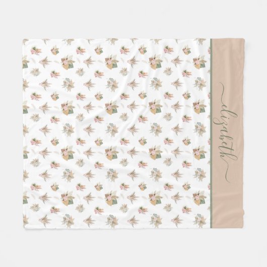 Monogram Script Boho Pampas Grass Pink Beige Green Fleecedecke (Vorderseite (Horizontal))