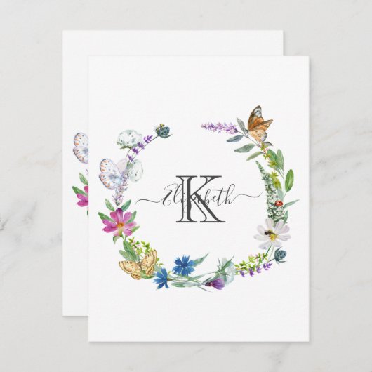 Monogram Script Calligraphy Butterfys-Blume Mitteilungskarte (Vorne/Hinten)