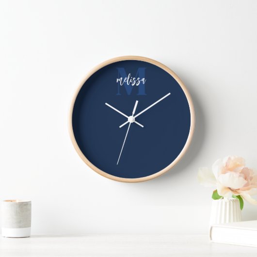 Monogram Script Calligraphy Navy Blue Clock Uhr (Zuhause)