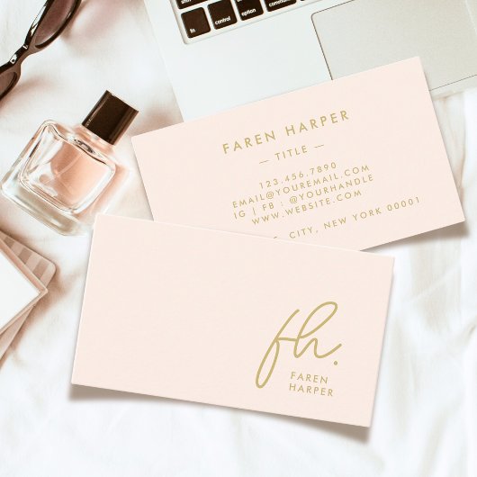 Monogram Script Chic Blush Pink Gold Einfach Visitenkarte
