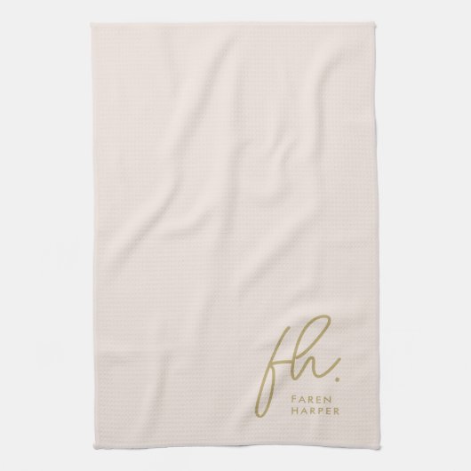 Monogram Script Einfach Minimal Elegant Blush Gold Geschirrtuch (Vertikal)