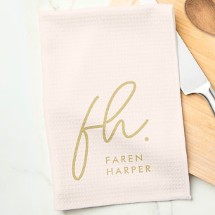 Monogram Script Einfach Minimal Elegant Blush Gold Geschirrtuch