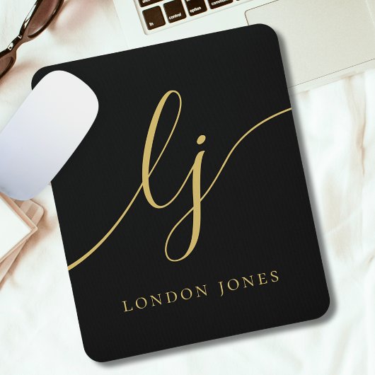 Monogram Script Eleganine Feminine Black Gold Cust Mousepad