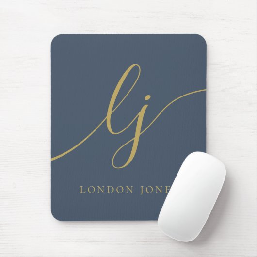 Monogram Script Eleganine Feminine Navy Blue Gold Mousepad (Mit Mouse)