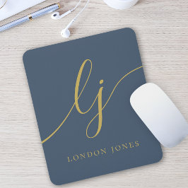 Monogram Script Eleganine Feminine Navy Blue Gold Mousepad