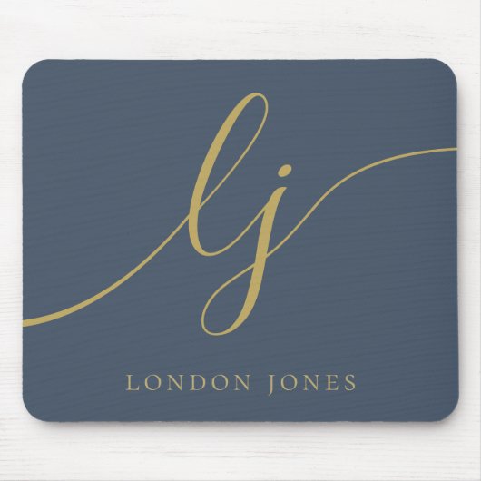 Monogram Script Elegant Navy Blue Gold Feminine Mousepad (Vorne)