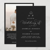 Monogram Script Foto QR Code Hochzeit für Schwarze Einladung (Vorne/Hinten)