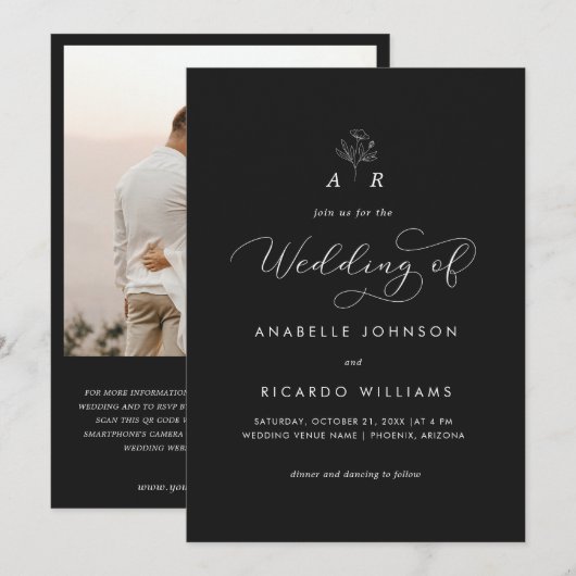 Monogram Script Foto QR Code Hochzeit für Schwarze Einladung (Vorne/Hinten)