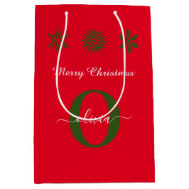 Monogram Script Frohe Weihnachten Rot Grün Weiß Mittlere Geschenktüte