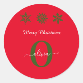 Monogram Script Frohe Weihnachten Rot Grün Weiß Runder Aufkleber
