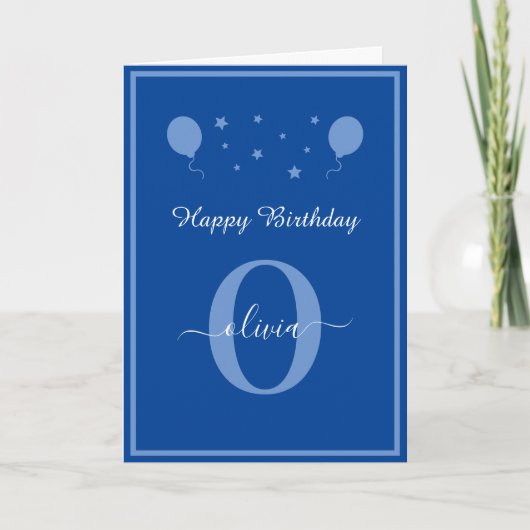 Monogram Script Happy Birthday Blue und White Karte (Vorderseite)