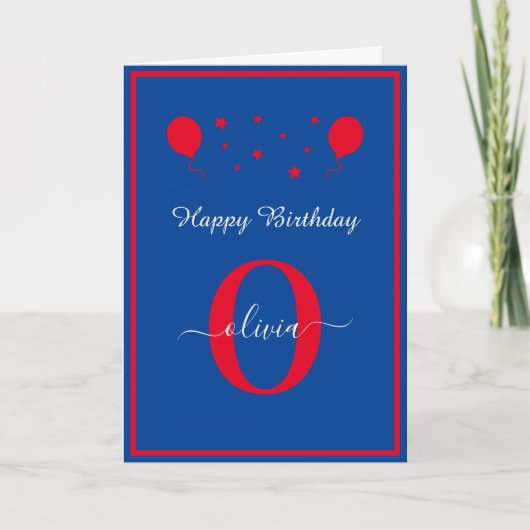 Monogram Script Happy Birthday Blue White Red Karte (Vorderseite)