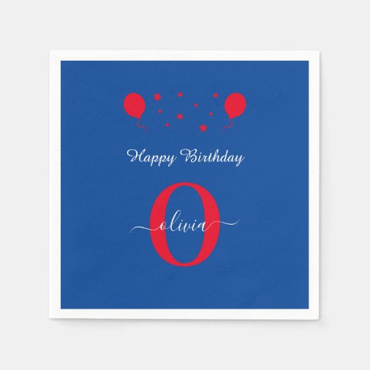 Monogram Script Happy Birthday Blue White Red Serviette (Vorderseite)