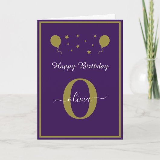 Monogram Script Happy Birthday Lila White Gold Karte (Vorderseite)