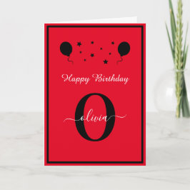 Monogram Script Happy Birthday Red Schwarz-weiß Karte
