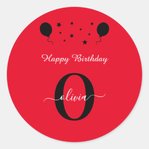 Monogram Script Happy Birthday Red Schwarz-weiß Runder Aufkleber
