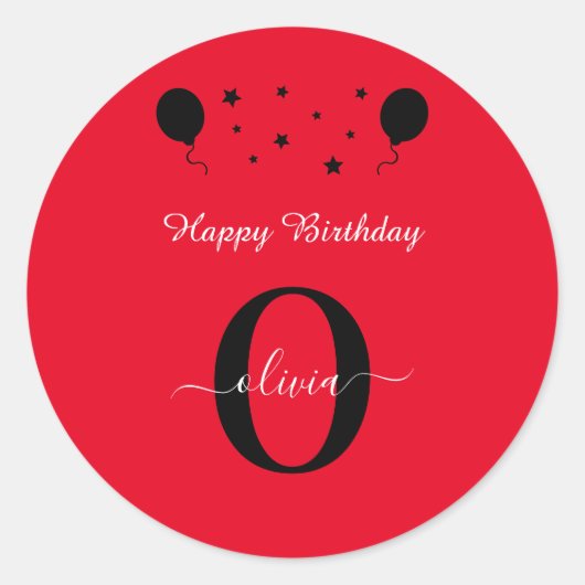 Monogram Script Happy Birthday Red Schwarz-weiß Runder Aufkleber (Vorderseite)