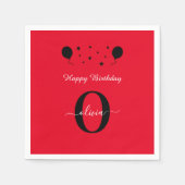 Monogram Script Happy Birthday Red Schwarz-weiß Serviette (Vorderseite)