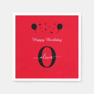 Monogram Script Happy Birthday Red Schwarz-weiß Serviette