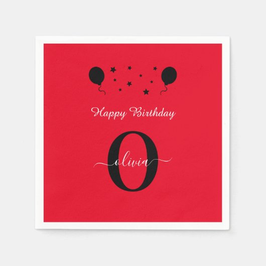 Monogram Script Happy Birthday Red Schwarz-weiß Serviette (Vorderseite)