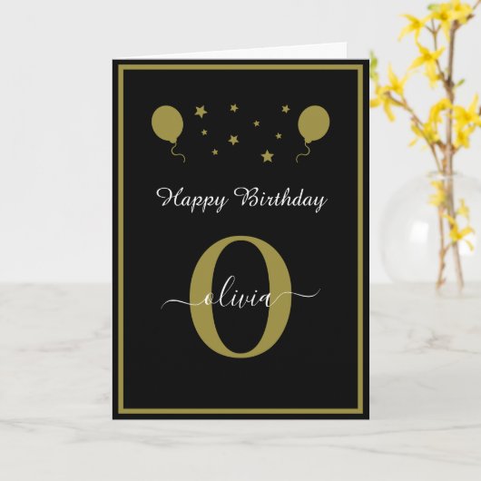 Monogram Script Happy Birthday Schwarz-weiß Gold Karte (Gelbe Blume)