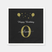 Monogram Script Happy Birthday Schwarz-weiß Gold Serviette (Vorderseite)