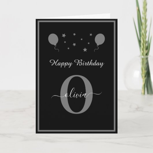 Monogram Script Happy Birthday Schwarz-weiß Gray Karte (Vorderseite)